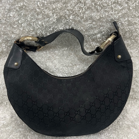 Gucci  Bamboo Ring Half Moon Medium Black Canvas - Picture 1 of 16